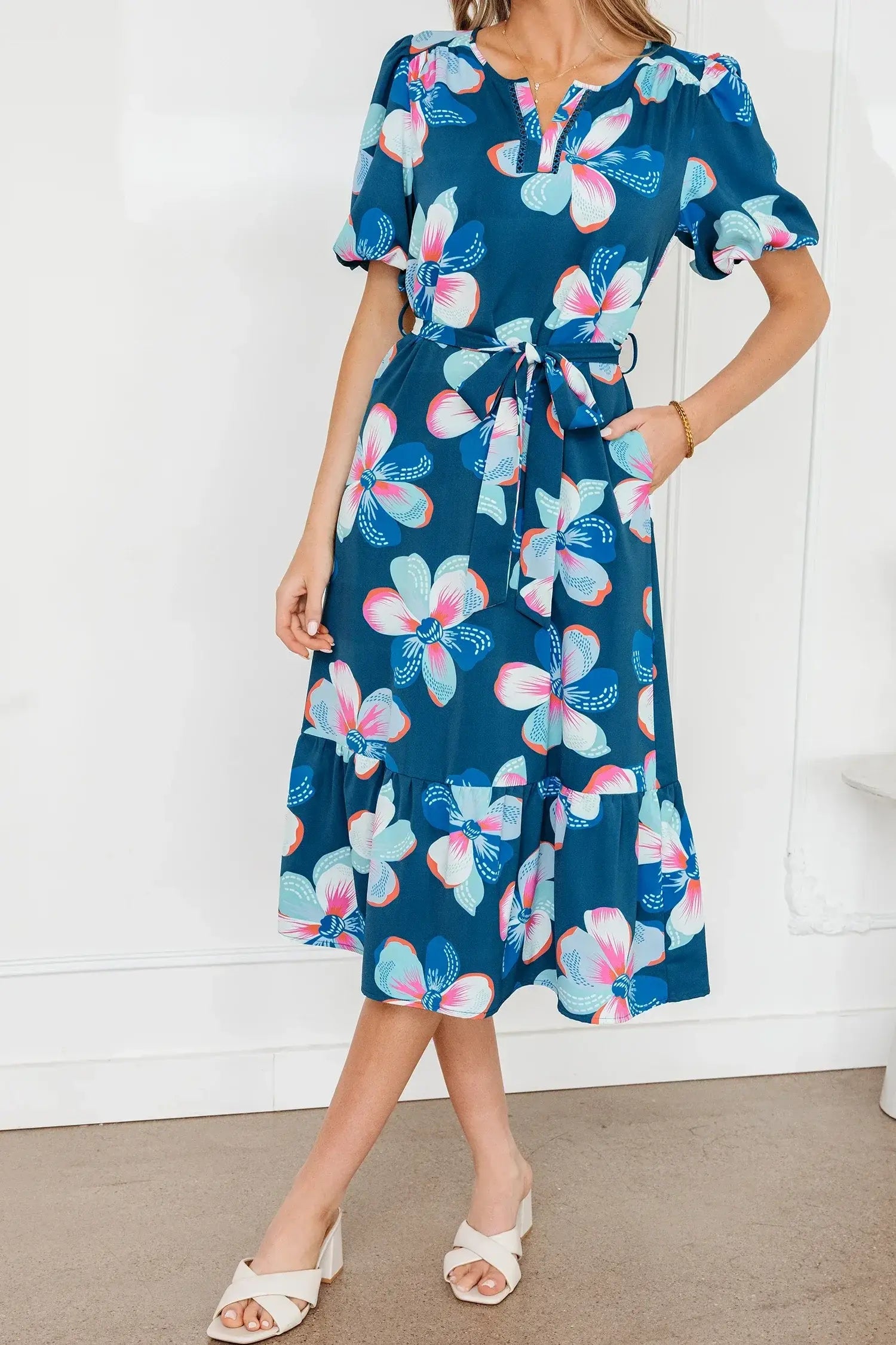 Blue Floral Print Short Puff Sleeve Ruffle Hem Belted Long Dress - Sweet Fashion Wholesale