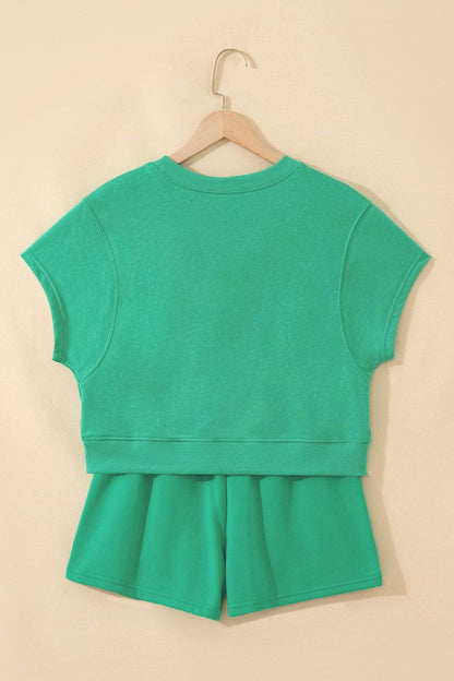 Mist Blue Solid Color Loose Tee Drawstring Shorts 2pcs Outfit