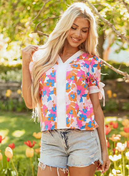 White Floral Colorblock Striped Edge V Neck Knotted Short Sleeve Blouse