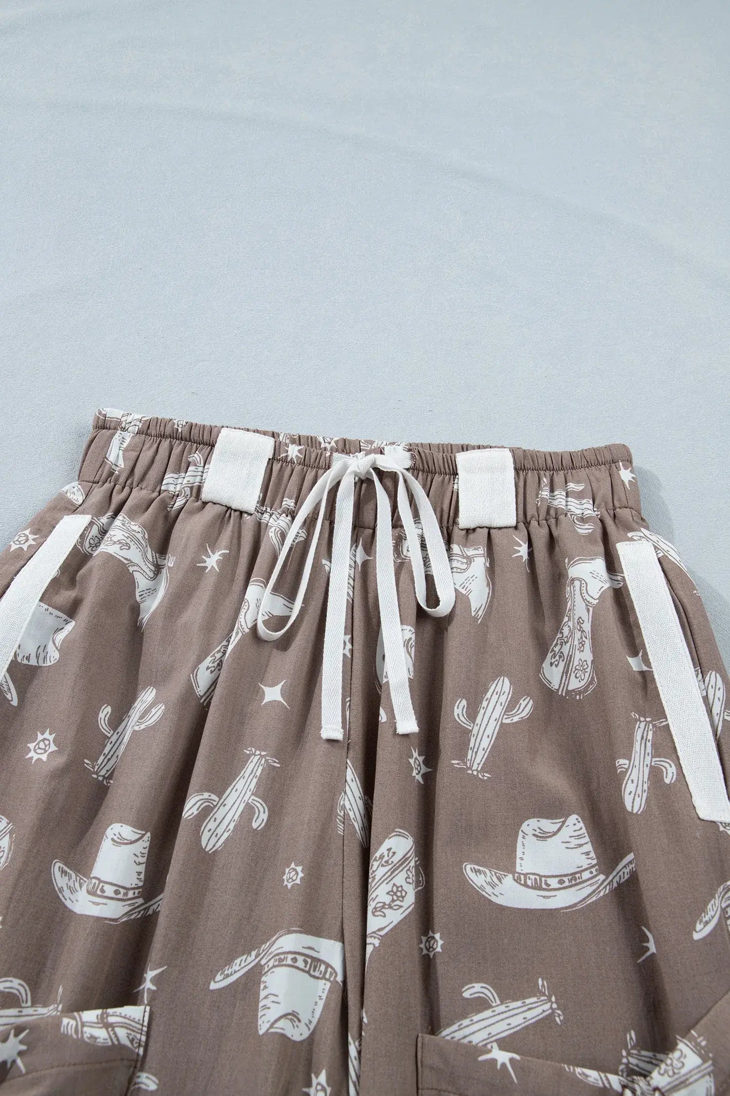 Khaki Western Cactus Cowgirl Hat Boot Printed Vintage Drawstring Jogger Pants - Sweet Fashion Wholesale