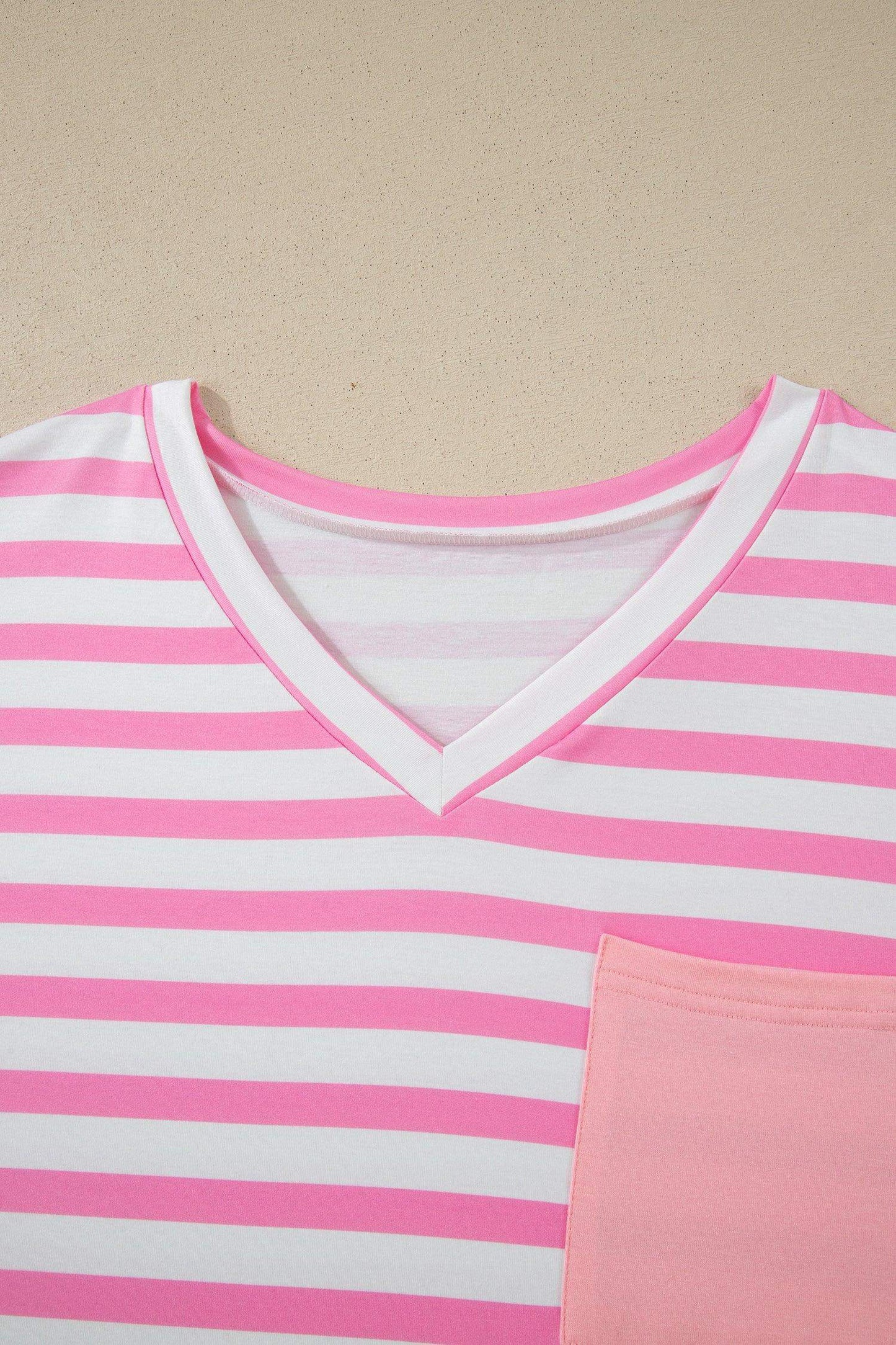 Pink Stripe Colorblock Patched Pocket V Neck Plus Size Tee - Sweet Fashion Wholesale