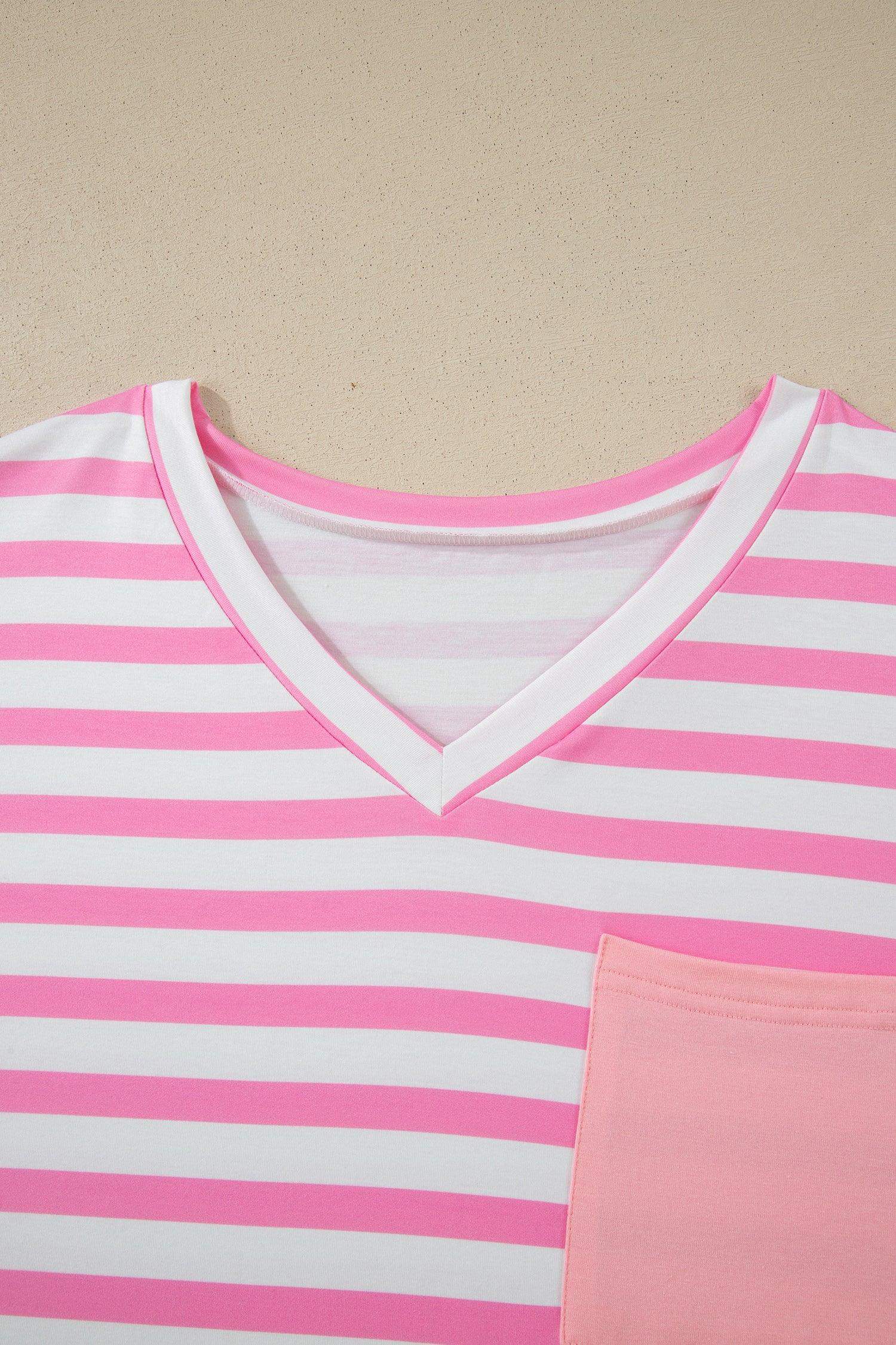 Pink Stripe Colorblock Patched Pocket V Neck Plus Size Tee - Sweet Fashion Wholesale