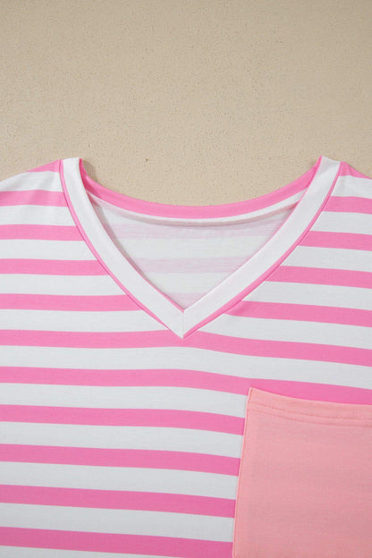 Pink Stripe Colorblock Patched Pocket V Neck Plus Size Tee - Sweet Fashion Wholesale