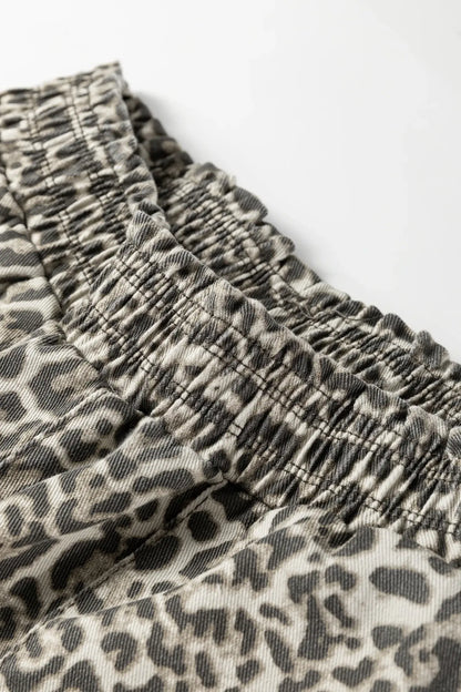 Brown Leopard Print Raw Hem Elastic Waist Loose Pull On Jeans - Sweet Fashion Wholesale