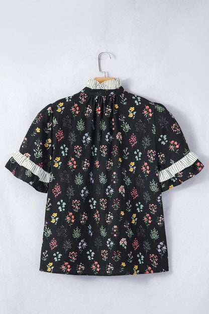 Black Contrast Frilled Trim Short Sleeve Floral Shirt - Sweet Fashion Wholesale