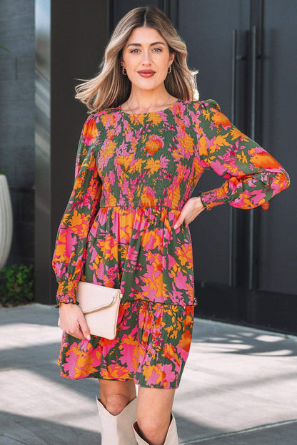 Multicolour Floral Print Long Sleeve Smocked Ruffled Mini Dress - Sweet Fashion Wholesale
