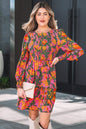 Multicolour Floral Print Long Sleeve Smocked Ruffled Mini Dress - Sweet Fashion Wholesale