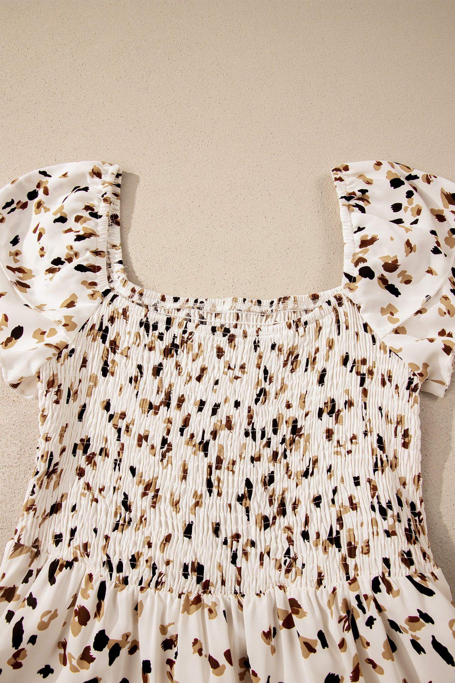 Beige Ditsy Floral Print Smocked Square Neck Ruffle Short Sleeve Dress - Sweet Fashion Wholesale