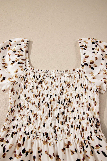 Beige Ditsy Floral Print Smocked Square Neck Ruffle Short Sleeve Dress - Sweet Fashion Wholesale