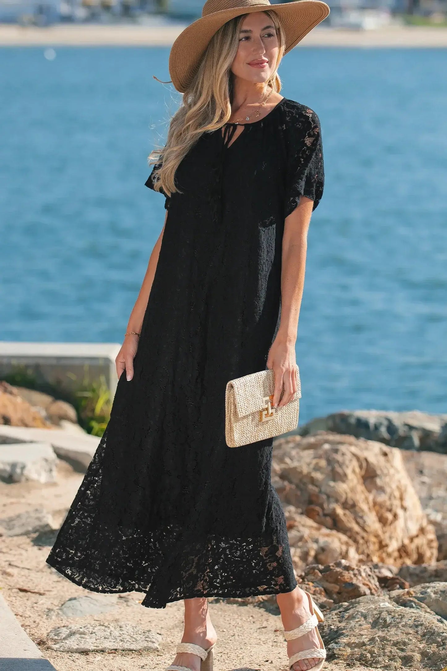 Black Floral Lace Overlay Tassel Tie Short Sleeve Beach Vacation Loose Maxi Dress - Sweet Fashion Wholesale