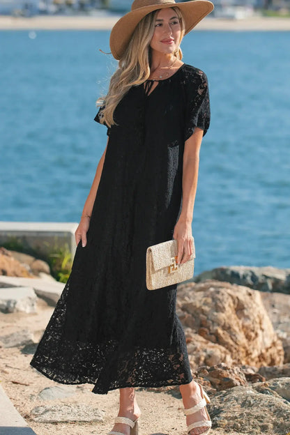 Black Floral Lace Overlay Tassel Tie Short Sleeve Beach Vacation Loose Maxi Dress - Sweet Fashion Wholesale