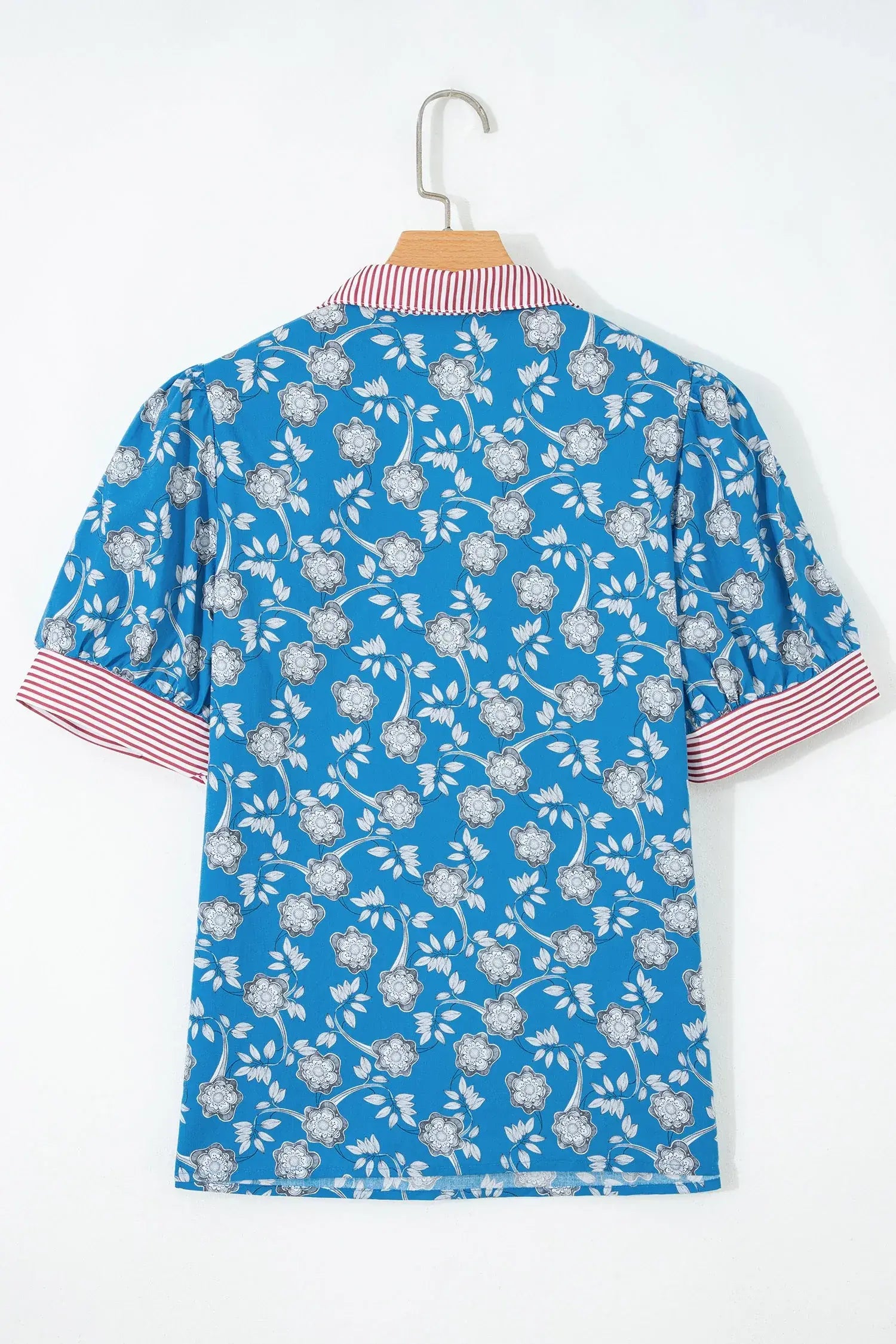 Blue Retro Floral Print Striped Trim Button Neck Short Sleeve Blouse - Sweet Fashion Wholesale