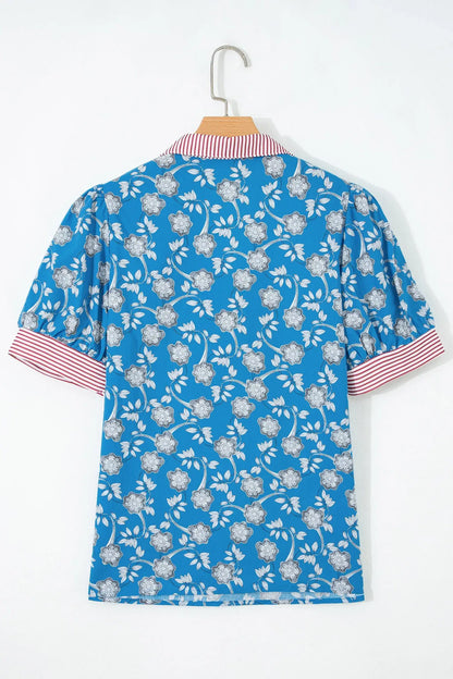 Blue Retro Floral Print Striped Trim Button Neck Short Sleeve Blouse - Sweet Fashion Wholesale