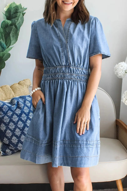 Myosotis Elastic Waist Short Sleeve Denim Mini Dress - Sweet Fashion Wholesale