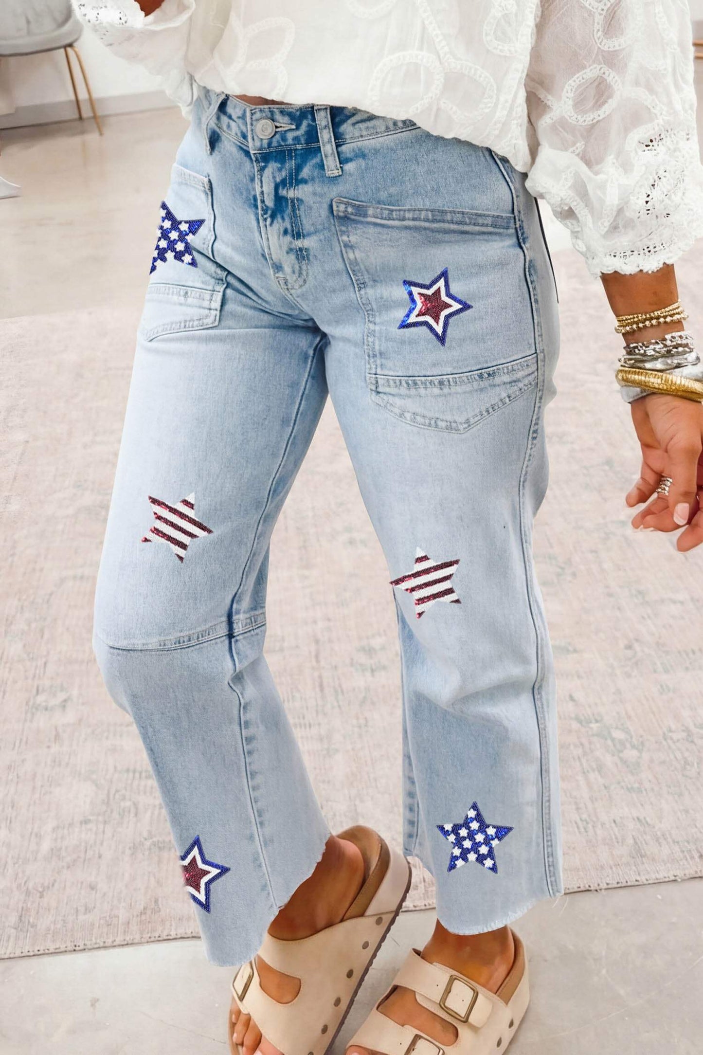 Beau Blue Patriotic Sequin Star Pattern Jeans