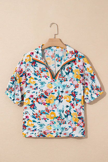 Peacock Blue Floral Print Slit V Neck Short Sleeve Blouse