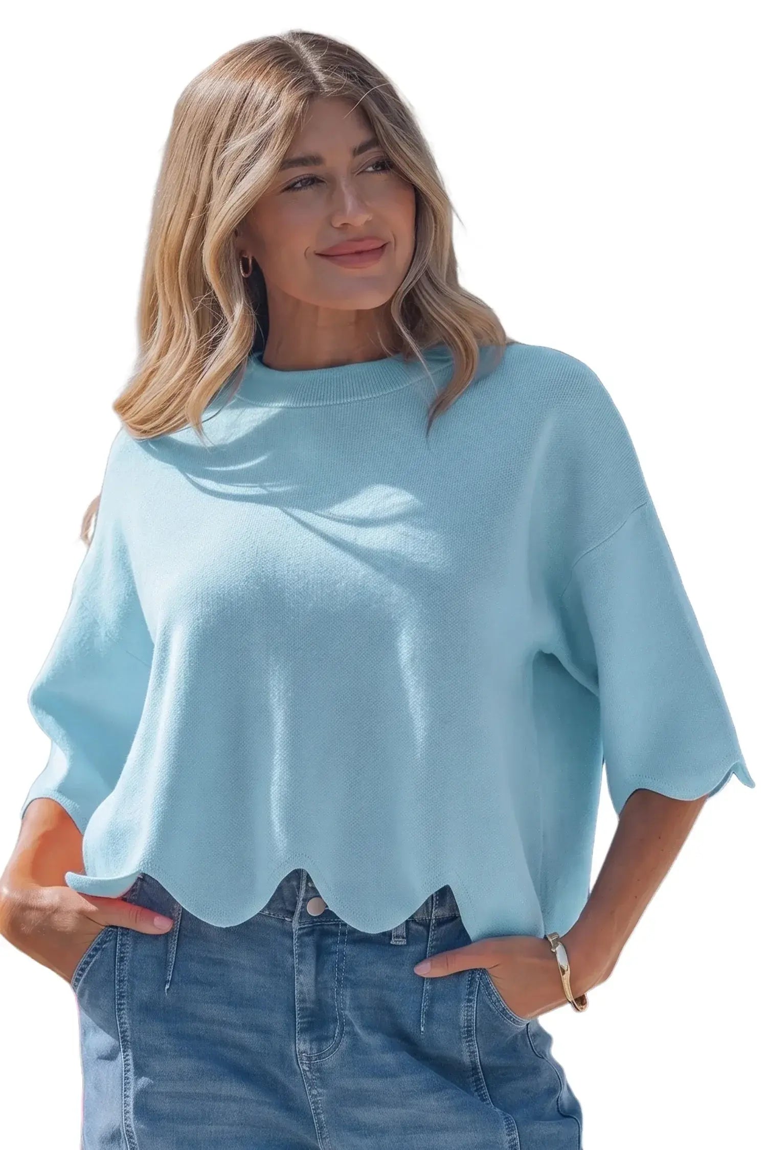 Myosotis Scalloped Hem 3/4 Sleeve Sweater Top - Sweet Fashion Wholesale
