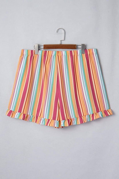 Orange Stripe Plus Size Elastic Waist Ruffle Hem Shorts