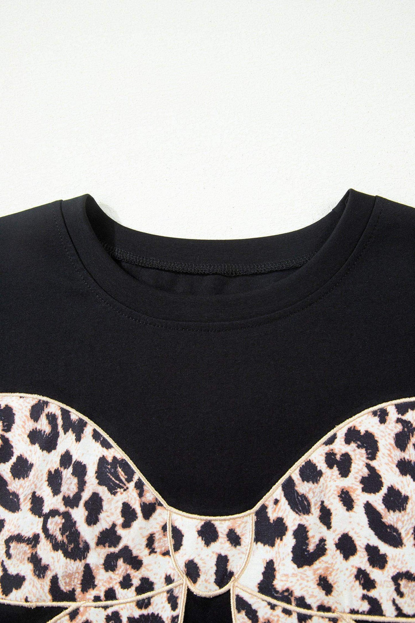 Black Leopard Bow Embroidered Cotton Round Neck T Shirt