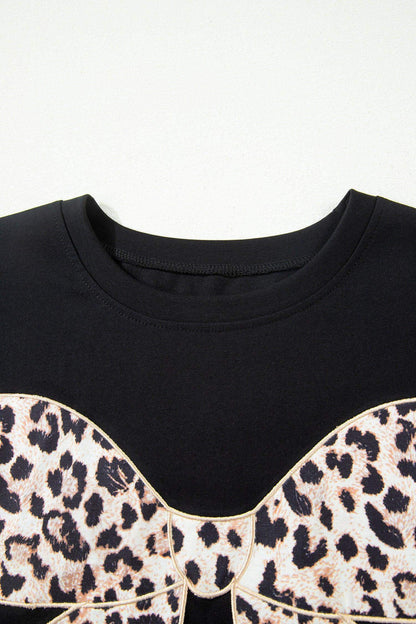 Black Leopard Bow Embroidered Cotton Round Neck T Shirt