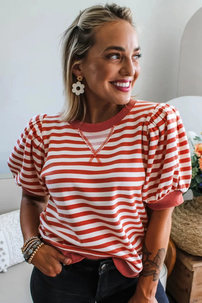 Khaki Stripe Short Bubble Sleeve T Shirt - Sweet Fashion Wholesale