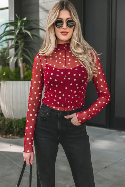 Green Polka Dot Patterned Bodycon Mock Neck Mesh Long Sleeve Top - Sweet Fashion Wholesale