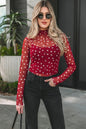 Green Polka Dot Patterned Bodycon Mock Neck Mesh Long Sleeve Top - Sweet Fashion Wholesale