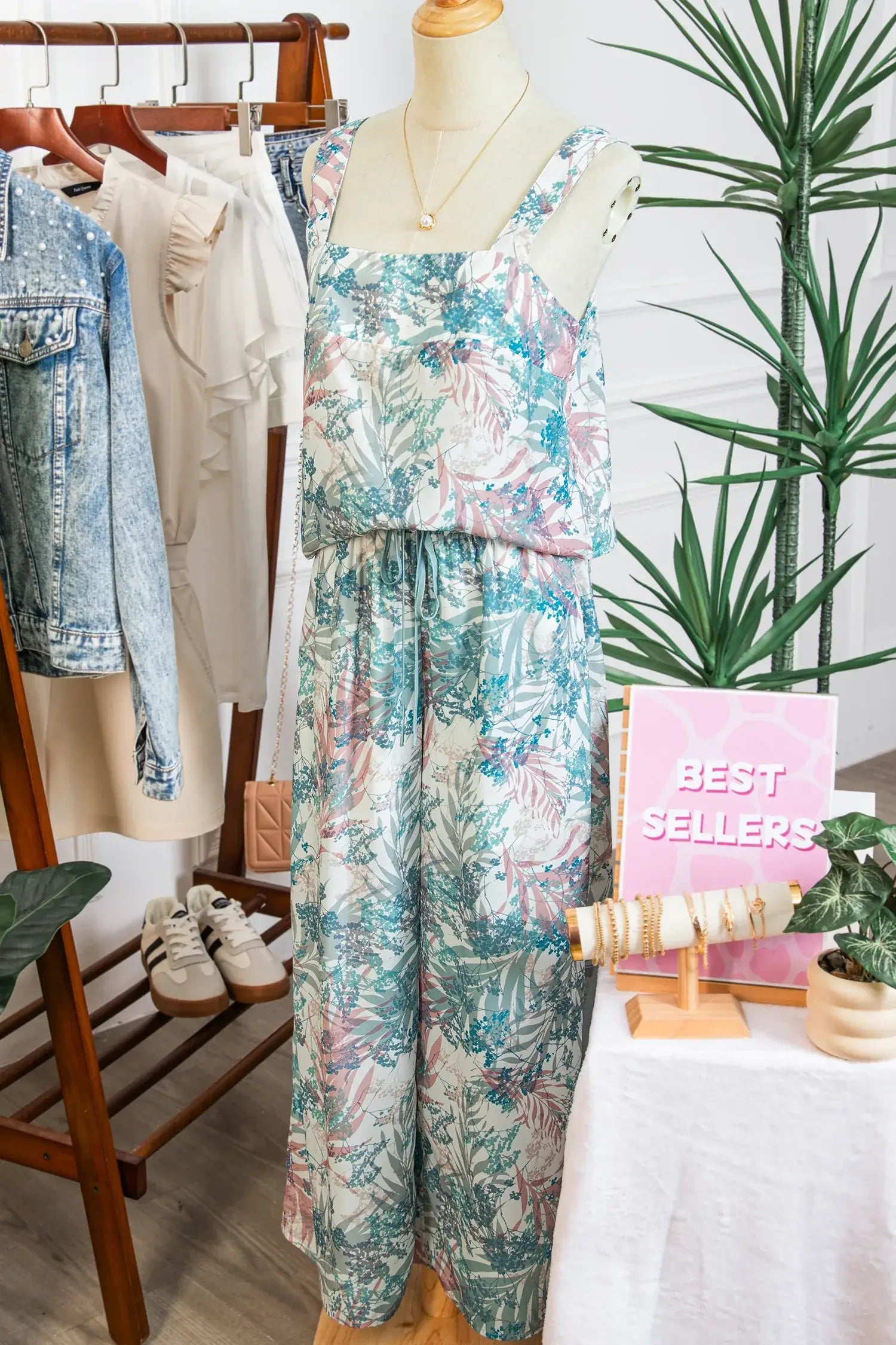 Green Tropical Palm Printed Cropped Tank Drawstring Wide Leg Pant Set - Sweet Fashion Wholesale