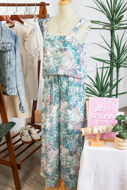 Green Tropical Palm Printed Cropped Tank Drawstring Wide Leg Pant Set - Sweet Fashion Wholesale