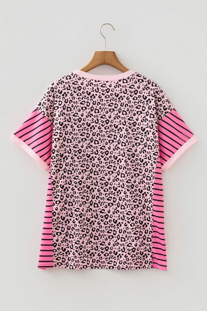 Pink Leopard Striped Contrast Patchwork Plus Size Tee