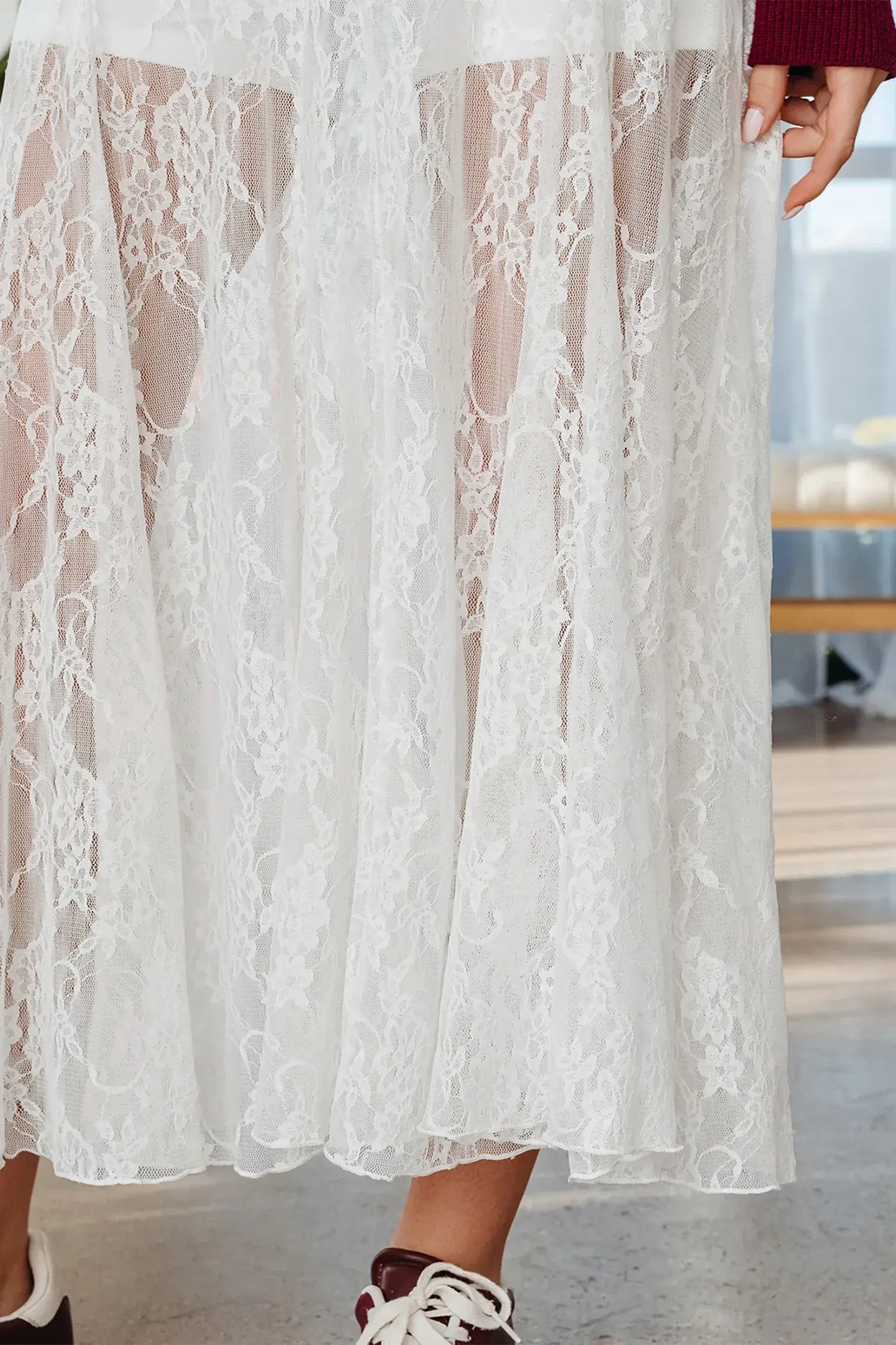 White Sheer Floral Lace Flowy Maxi Skirt - Sweet Fashion Wholesale