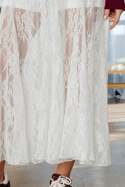 White Sheer Floral Lace Flowy Maxi Skirt - Sweet Fashion Wholesale