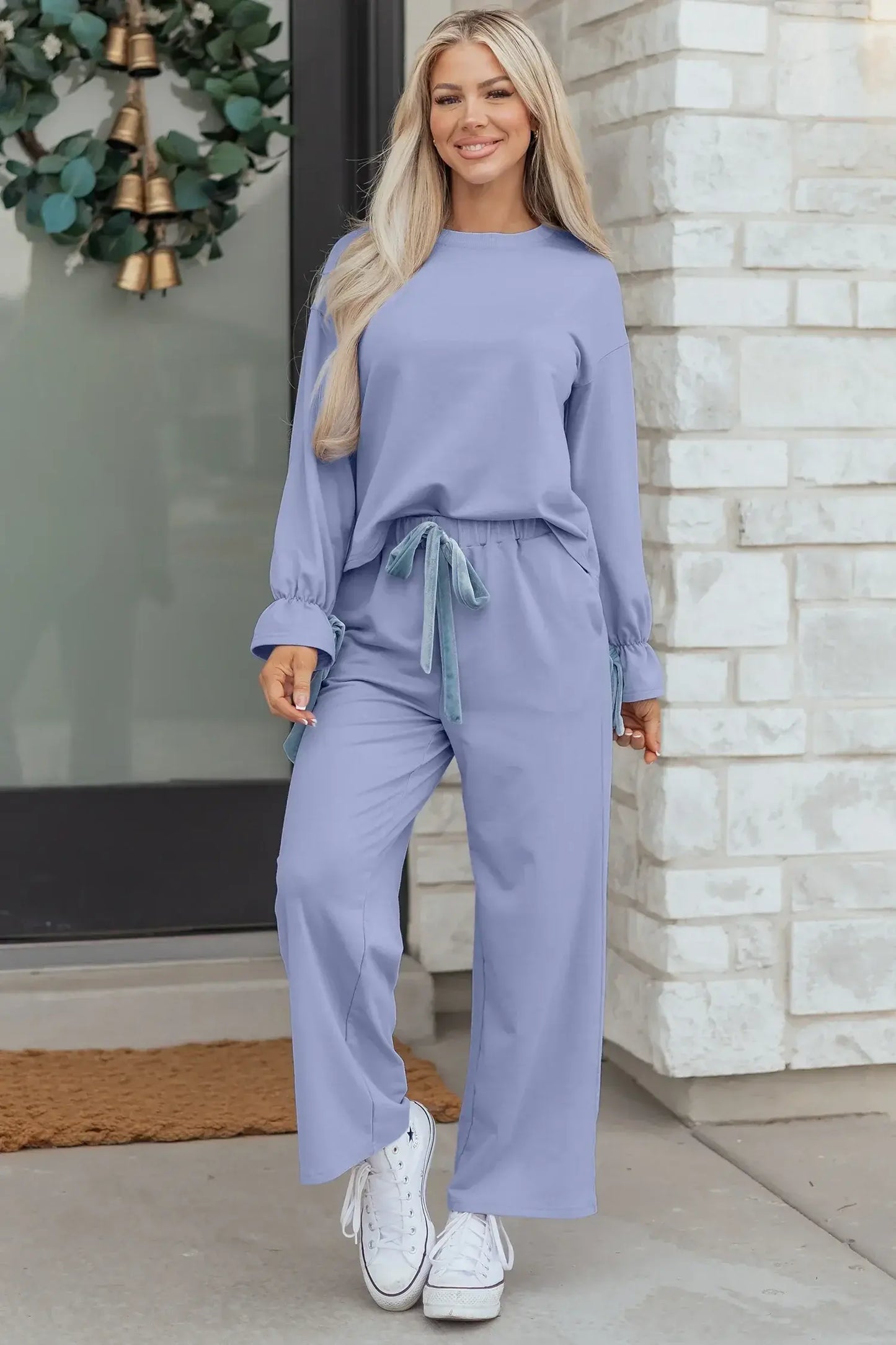 Beau Blue Flounce Long Sleeve Top Drawstring Pants Contrast Velvet Bow Knot 2pcs Lounge Set - Sweet Fashion Wholesale