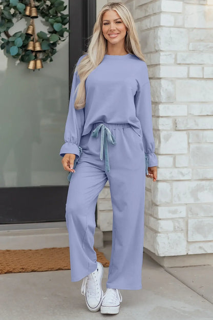Beau Blue Flounce Long Sleeve Top Drawstring Pants Contrast Velvet Bow Knot 2pcs Lounge Set - Sweet Fashion Wholesale
