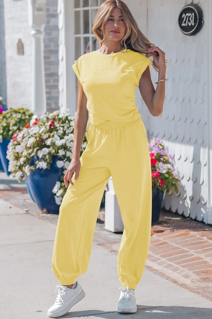 Yellow Cream Solid Color Cropped Tank Top and Jogger Pants Set