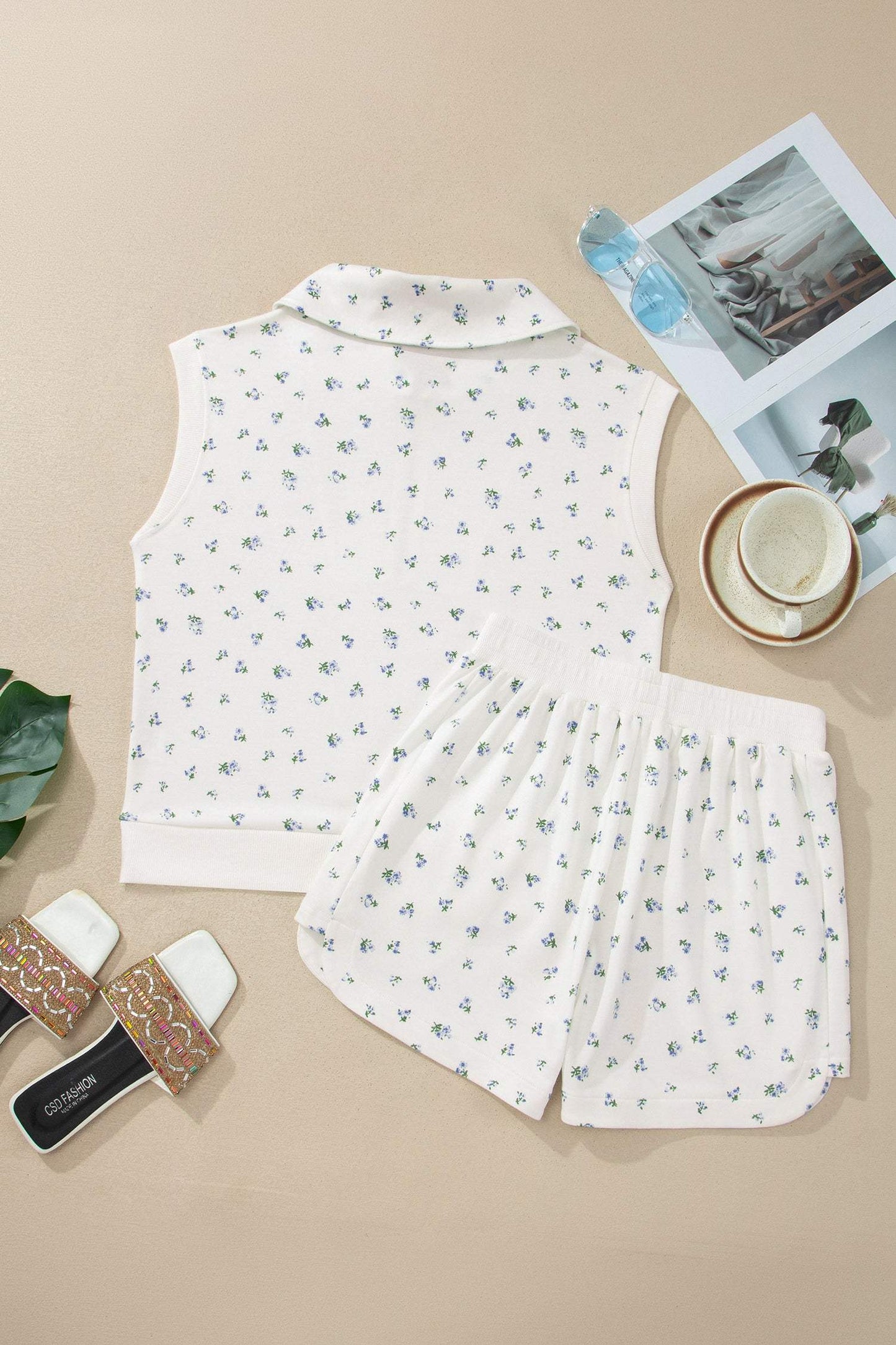White Floral Print Half Zip Top Matching Short Set