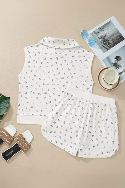 White Floral Print Half Zip Top Matching Short Set