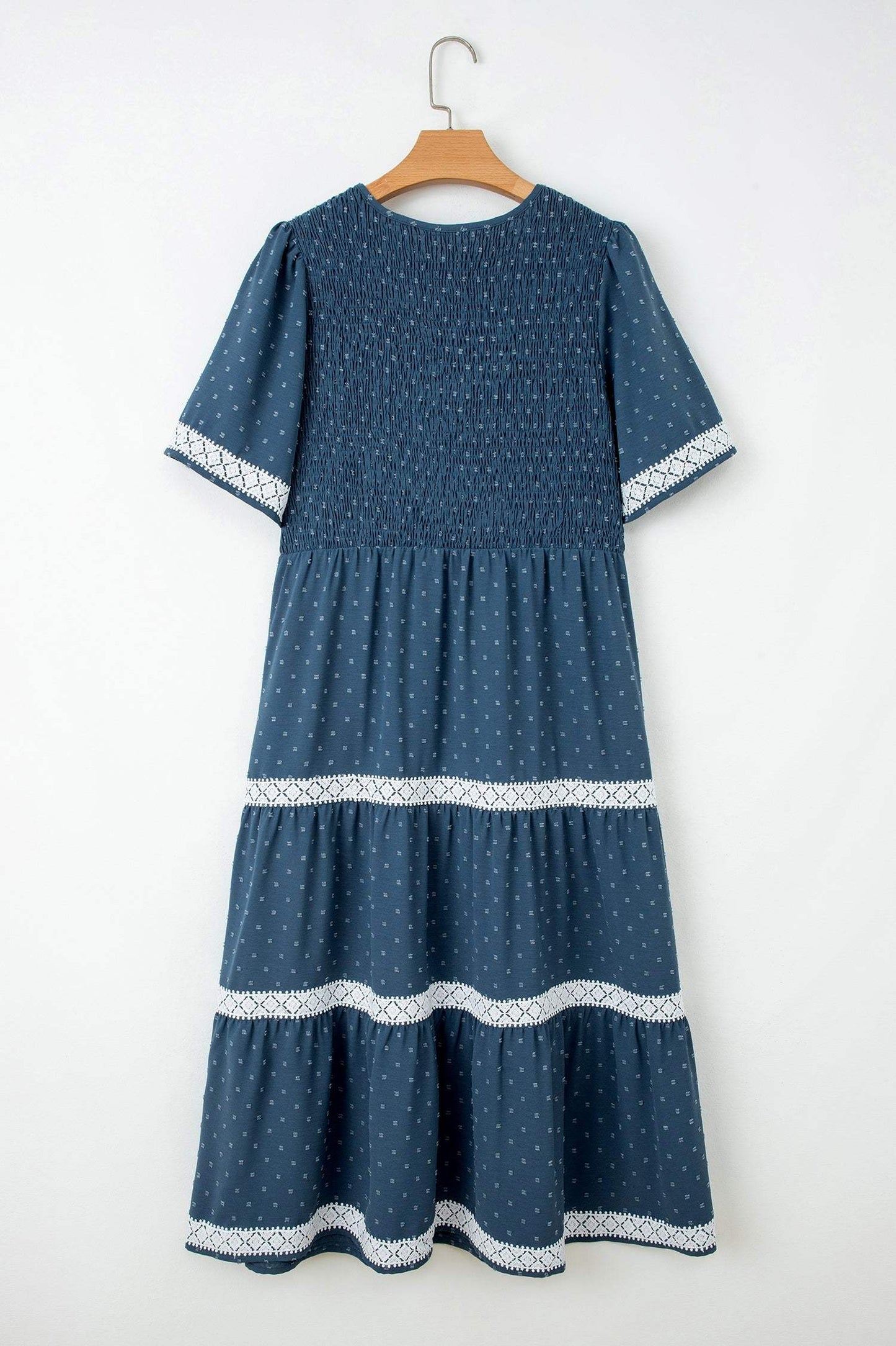 Dusk Blue Plus Size V Neck Swiss Dot Lace Patchwork Detail Flared Midi Dress