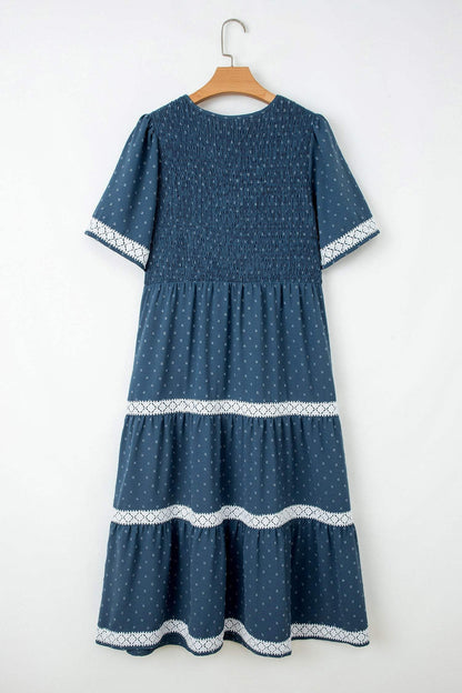 Dusk Blue Plus Size V Neck Swiss Dot Lace Patchwork Detail Flared Midi Dress