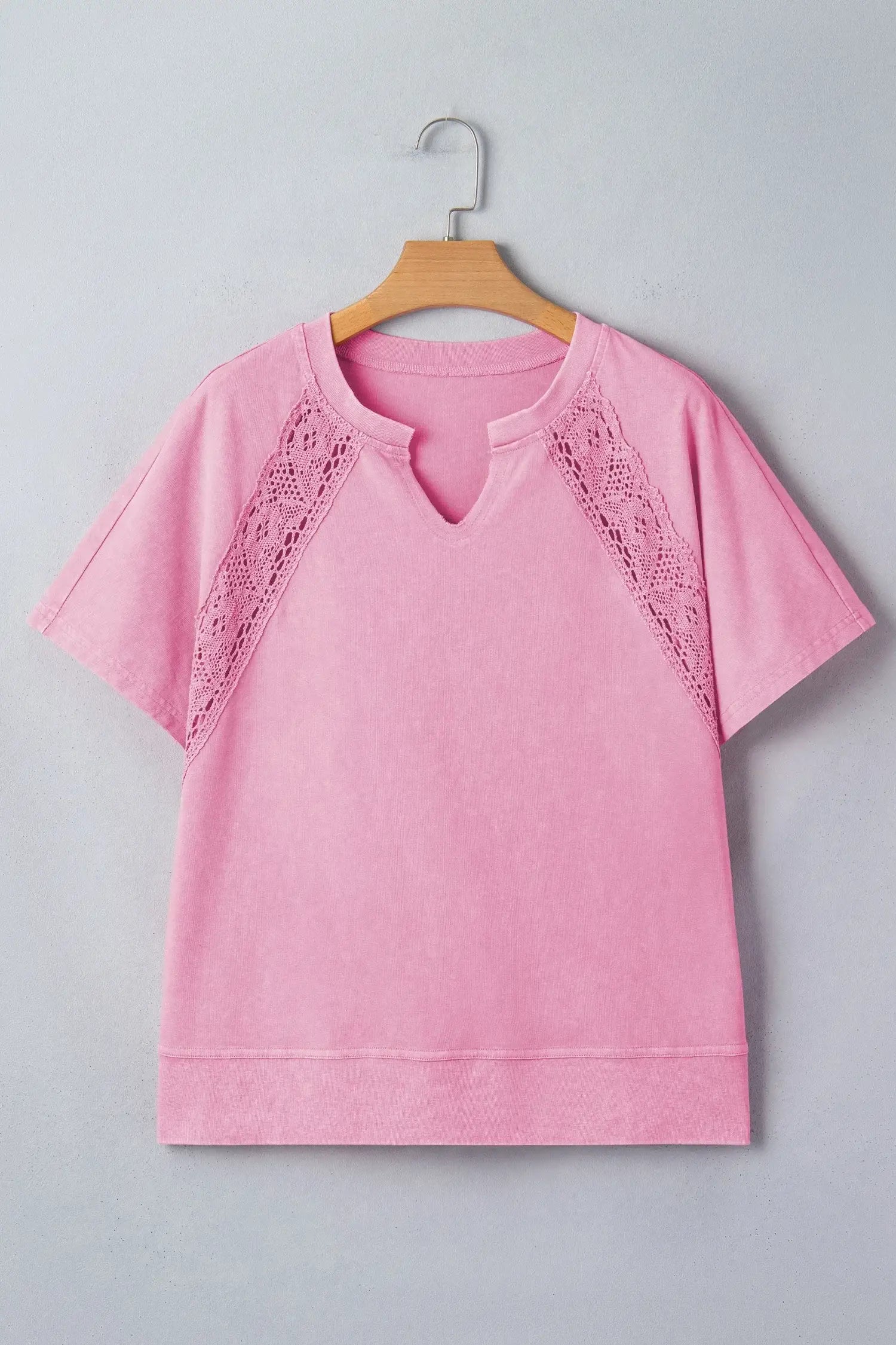 Pink Raw Cut Notched Neck Lace Patchwork Detail Mineral Wash Tee - Sweet Fashion Wholesale