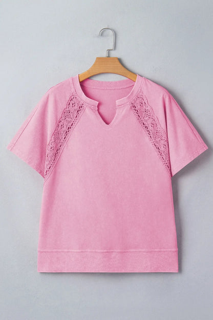 Pink Raw Cut Notched Neck Lace Patchwork Detail Mineral Wash Tee - Sweet Fashion Wholesale