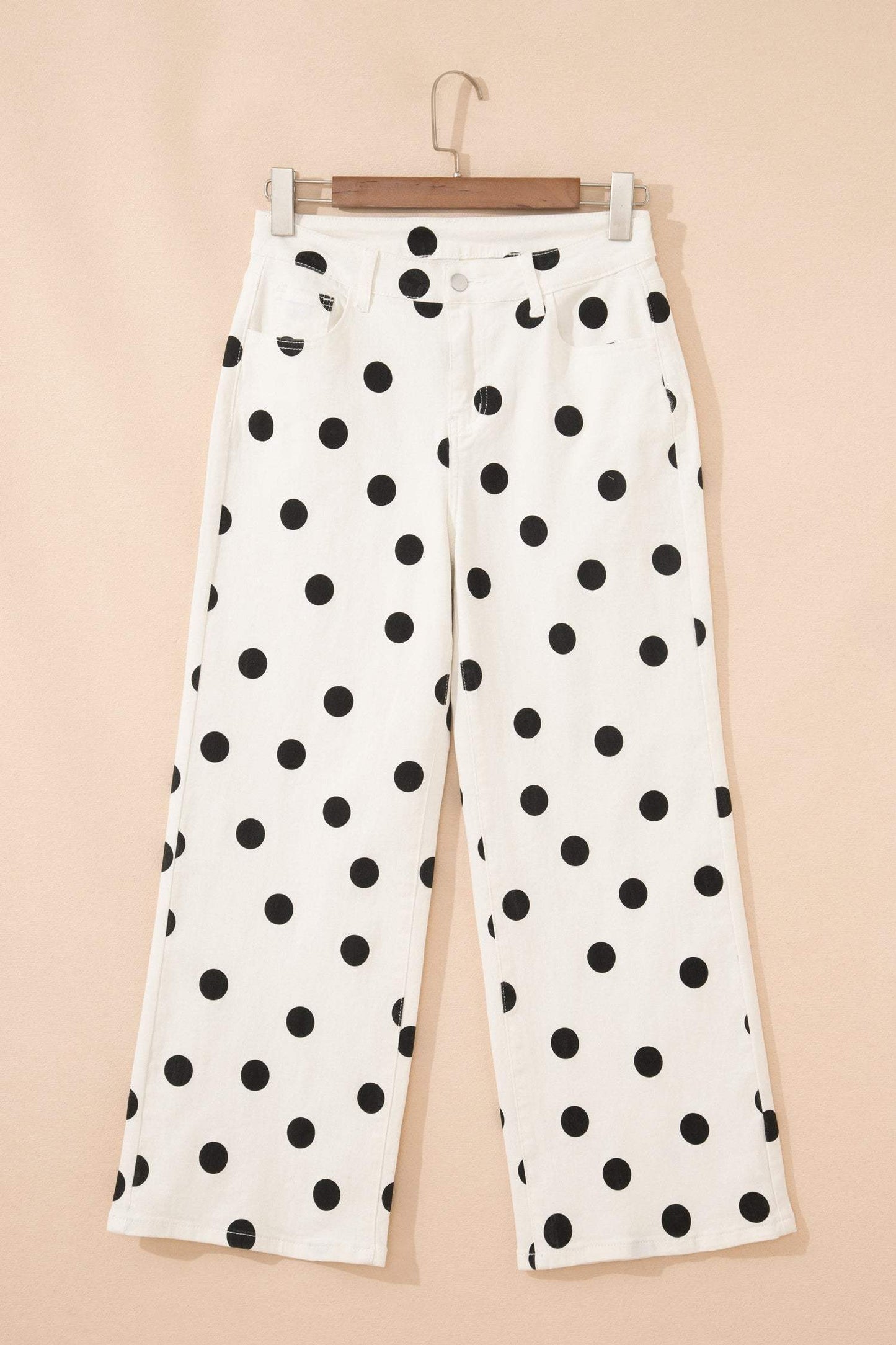 White Polka Dot Print Wide Leg Ankle-Length Jeans