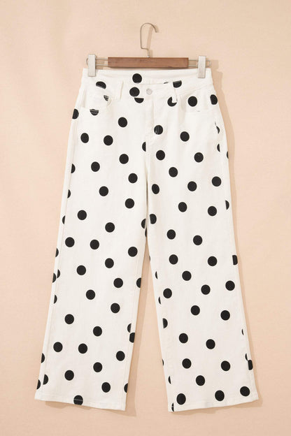 White Polka Dot Print Wide Leg Ankle-Length Jeans