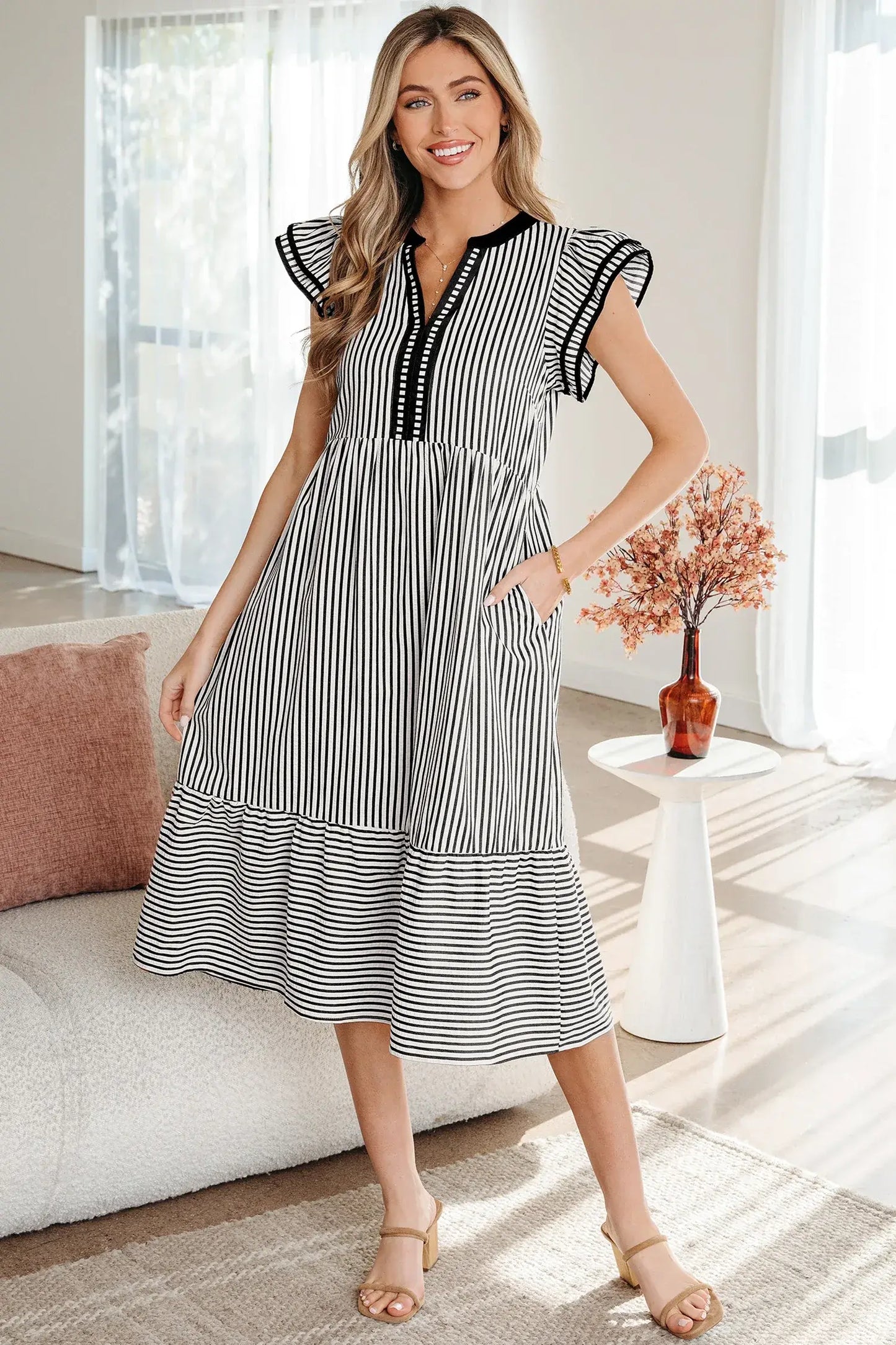 Green Stripe Double Ruffled Short Sleeve Contrast Trim V Neck Midi Dress - Sweet Fashion Wholesale