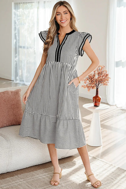 Green Stripe Double Ruffled Short Sleeve Contrast Trim V Neck Midi Dress - Sweet Fashion Wholesale