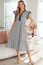 Green Stripe Double Ruffled Short Sleeve Contrast Trim V Neck Midi Dress - Sweet Fashion Wholesale