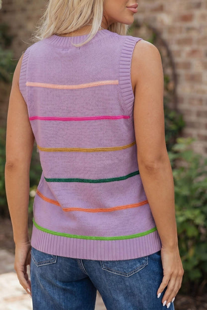Purple Stripe Round Neck Knitted Sweater Tank