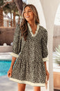 Black Leopard Print Striped Color Block Trim V Neck Bracelet Sleeve Mini Dress - Sweet Fashion Wholesale