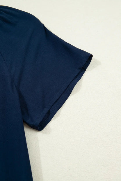 Navy Blue Button Detail Leopard Metallic Trim Short Sleeve Tunic Dress - Sweet Fashion Wholesale