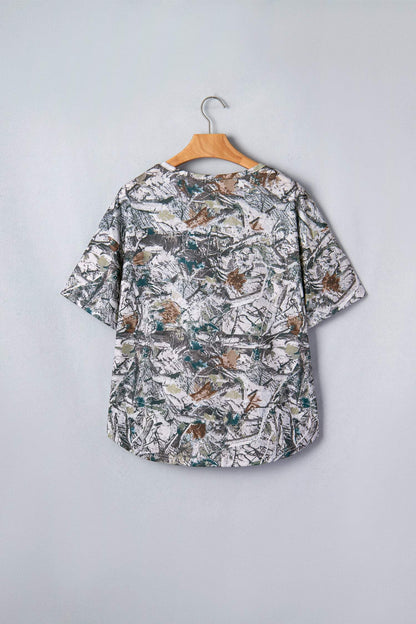 Gray Abstract Woodland Print Tunic Henley T Shirt